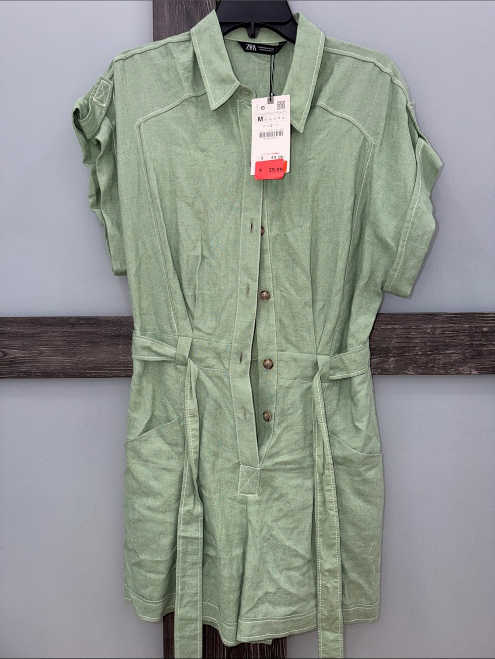 NWT NEVER WORN Zara Sage Green Button-Front Shirt Dress with Belt